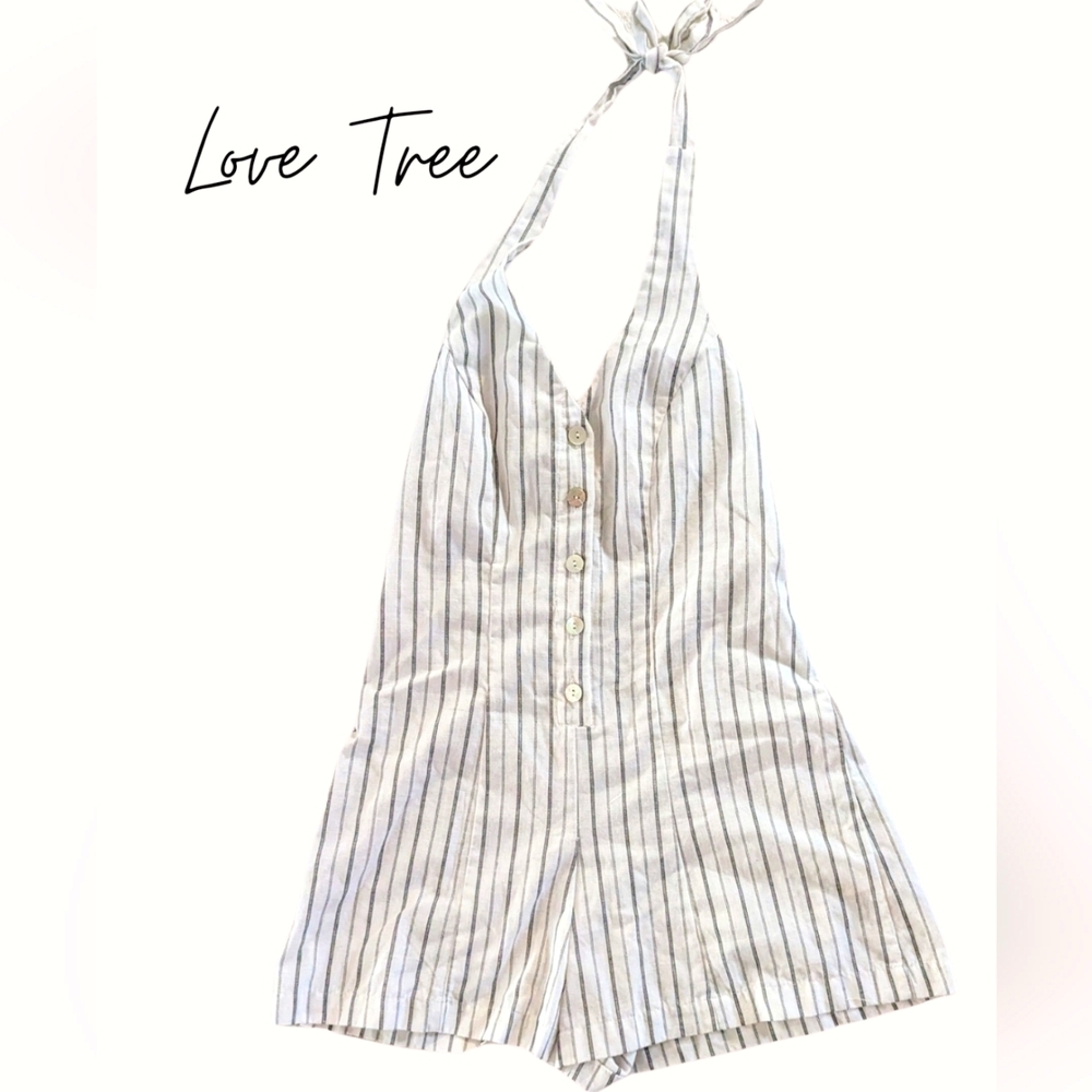 Love Tree size S, EUC halter strap romper shorts, grey & white stripe pattern